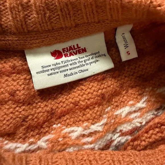 Fjallraven Ovik Knit Sweater Womens Small Orange 100% Wool Fair Isle 89941 - Picture 5 of 7